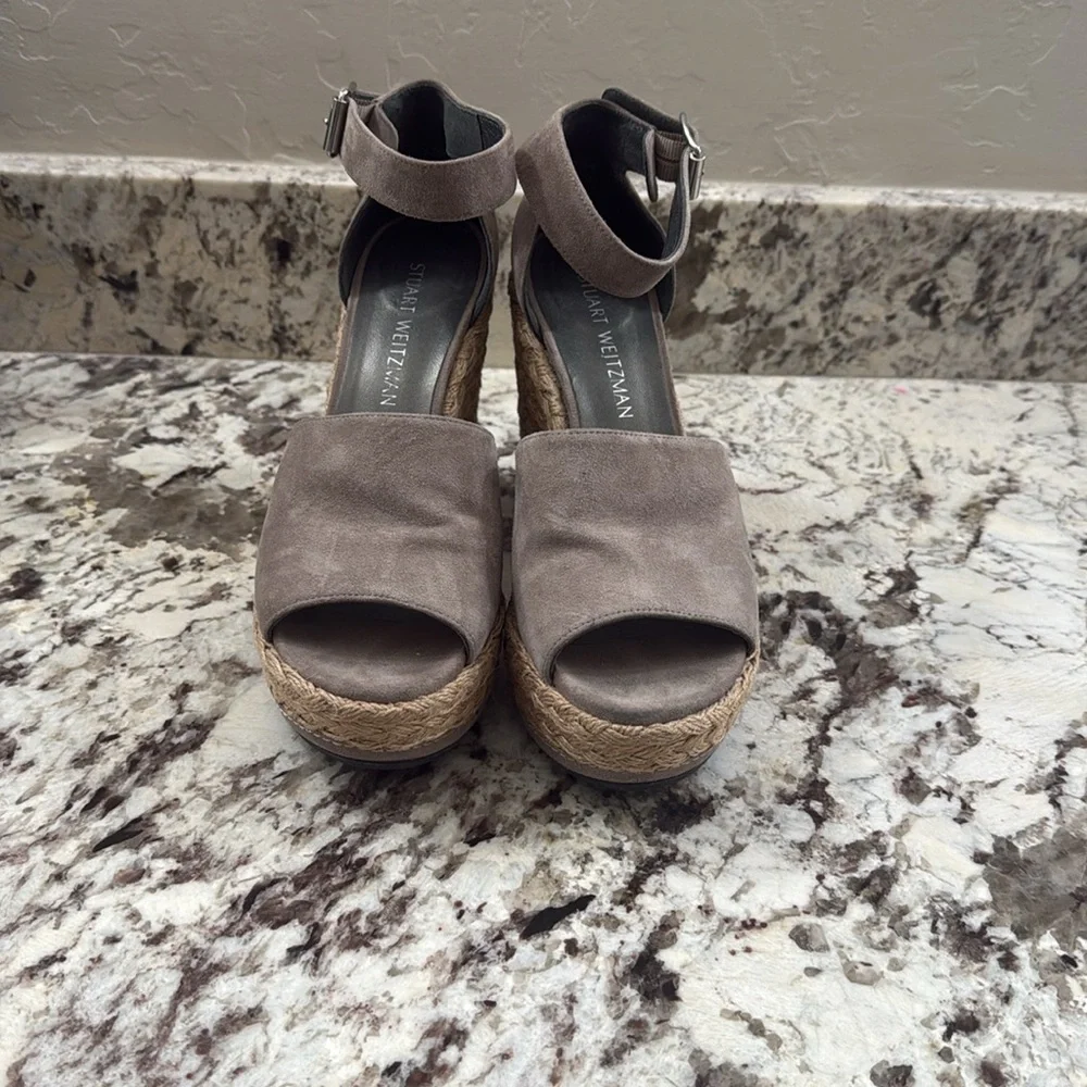 Stuart Weitzman Suede Gray Ankle-Strap Espadrille Wedge Sandals, 8.5